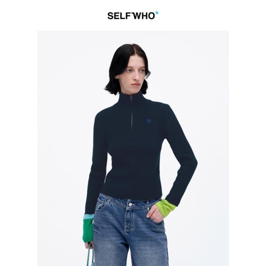 【笑脸衣橱】SELFWHO羊毛混纺半高领拉链针织衫女2025春新款修身撞色打底上衣 商品图0