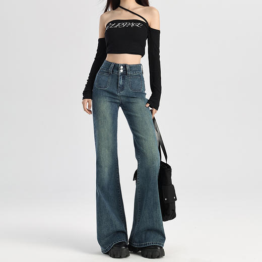 罗蒙春季女式牛仔裤女士高腰显瘦时尚百搭喇叭裤棉质水洗女长裤 商品图2