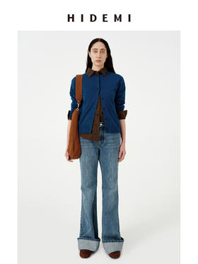 HIDEMI 进口美利奴羊毛宝石蓝极简圆领纽扣开衫毛衣