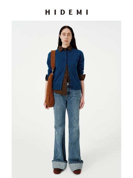 HIDEMI 进口美利奴羊毛宝石蓝极简圆领纽扣开衫毛衣 商品图0