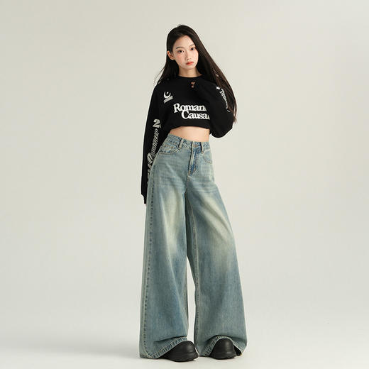 罗蒙春季女式牛仔裤女宽松显瘦休闲舒适百搭阔腿裤棉混纺水洗女长裤 商品图5