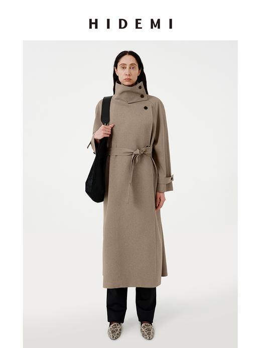HIDEMI进口CD纱极简翻领大廓形可拆卸腰带伞状法式风衣 商品图0