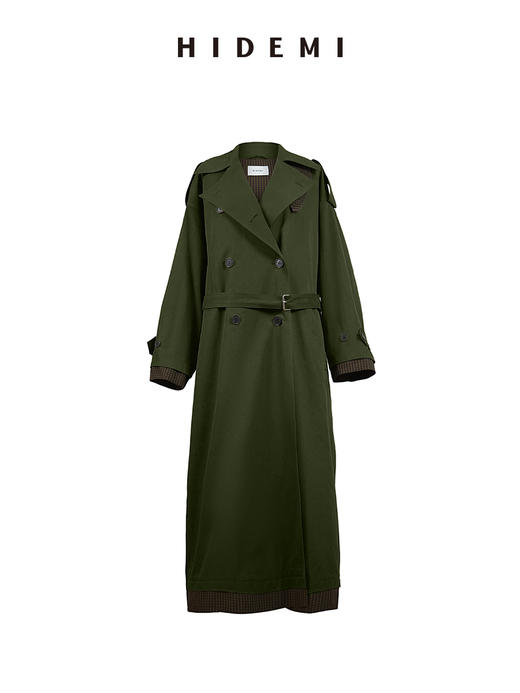 HIDEMI极简设计感色织格纹拼接斗篷式飞行员长款可拆卸腰带风衣女 商品图8