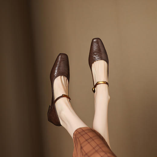 阿么手工女鞋法式真皮浅口一字带玛丽珍单鞋女复古小方头跟鞋2CM 商品图1