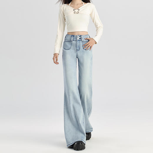 罗蒙春季女式牛仔裤女士高腰显瘦时尚百搭喇叭裤棉质水洗女长裤 商品图7