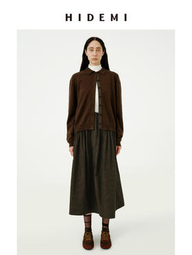 HIDEMI美利奴羊毛巧克力色拼接格纹设计感拼接纽扣圆领开衫毛衣