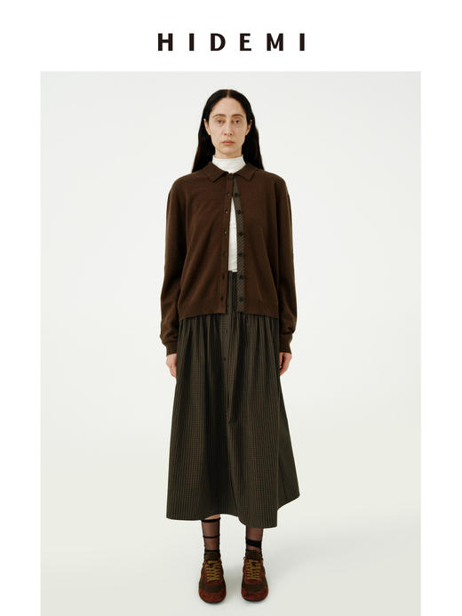 HIDEMI美利奴羊毛巧克力色拼接格纹设计感拼接纽扣圆领开衫毛衣 商品图0