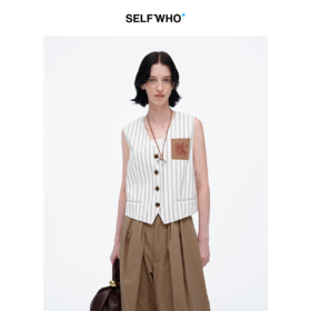 SELFWHO米白条纹背心马甲女2025春季新款V领气质宽松百搭减龄马夹