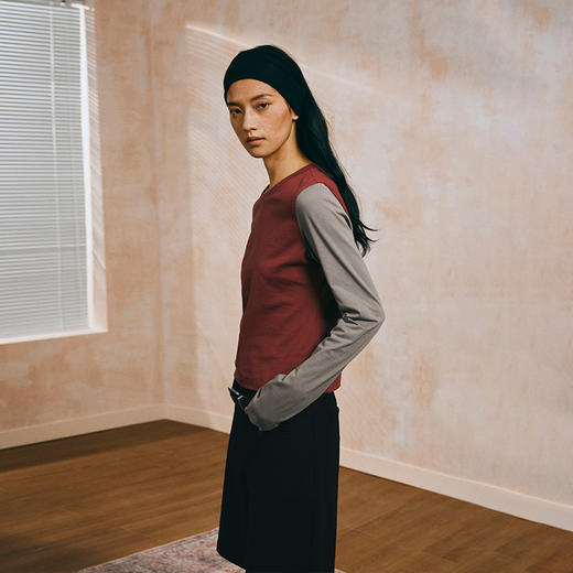 NUTH拼色正肩纯棉薄款长袖针织T恤上衣女 红灰拼色/蓝灰拼色 商品图3