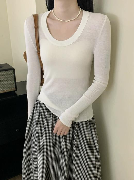 【YW】无忧购韩版纯色修身显瘦正肩鹅蛋领长袖百搭小衫867# 商品图4