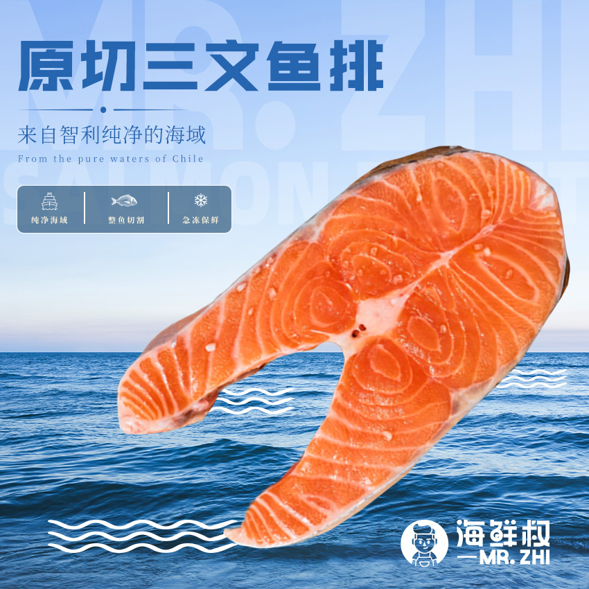 【品质甄选】海鲜大叔 智利原切三文鱼排 1kg/袋 4-6片 