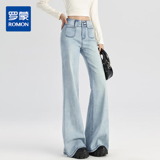 罗蒙春季女式牛仔裤女士高腰显瘦时尚百搭喇叭裤棉质水洗女长裤 商品图5