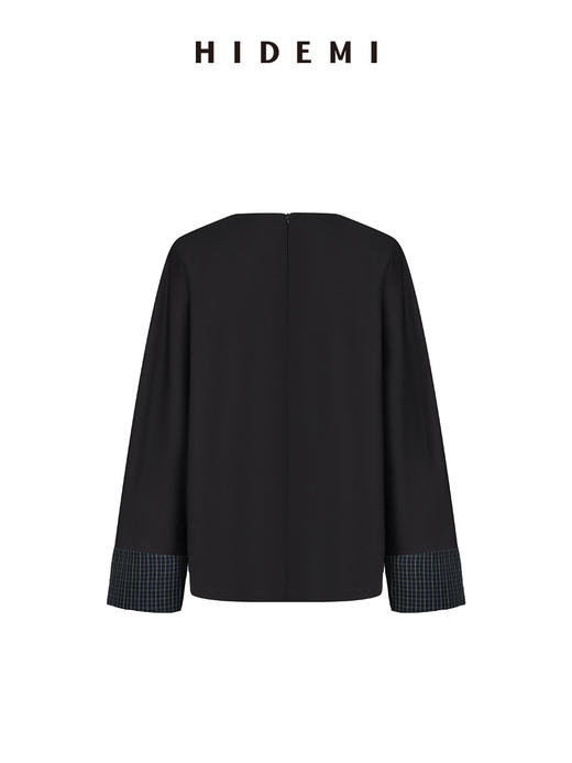 HIDEMI 黑色极简设计圆领翻边袖口拼接廓形大口袋休闲上衣套装 上衣/格纹卷边西裤 商品图6