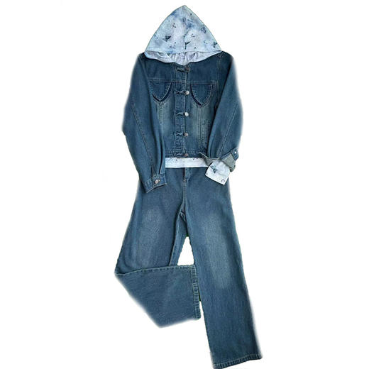 HR-XPH9189时尚复古休闲牛仔套装2025春新款女连帽衬衫牛仔外套直筒裤三件套 商品图4