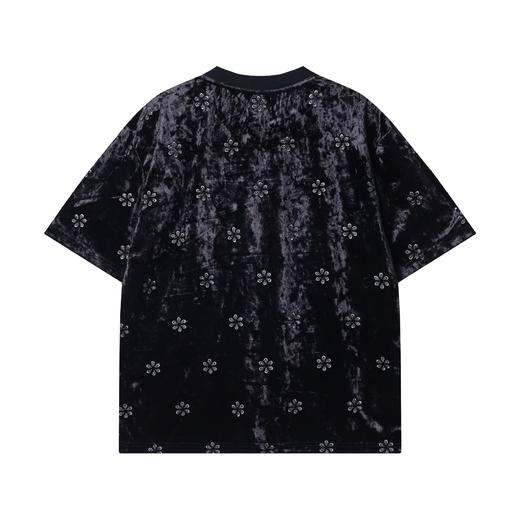 T2277春夏新款时尚个性美式纯色绒面刺绣花朵圆领短袖T恤百搭潮流上衣 商品图5