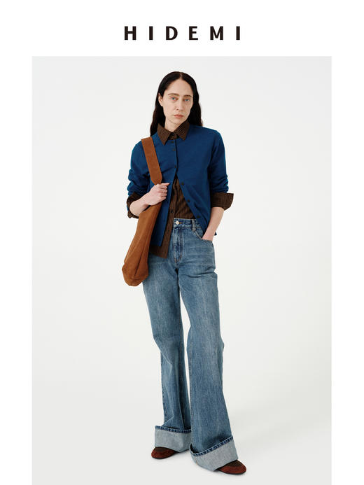 HIDEMI 进口美利奴羊毛宝石蓝极简圆领纽扣开衫毛衣 商品图3