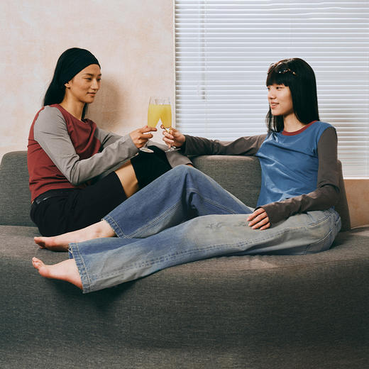 NUTH拼色正肩纯棉薄款长袖针织T恤上衣女 红灰拼色/蓝灰拼色 商品图0