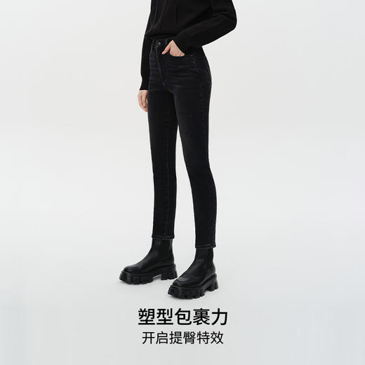 simplepieces加绒牛仔裤女冬季黑色保暖紧身九分牛仔裤 商品图3