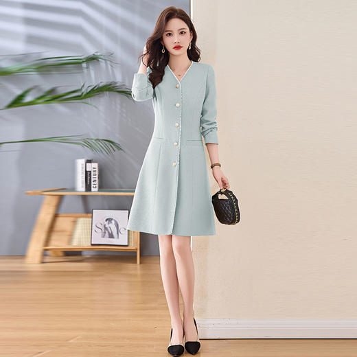 HR-LSNY2555春季新款长袖收腰气质时尚小香风中长款单排扣显瘦通勤连衣裙 商品图1