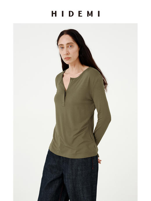 HIDEMI极简超柔软弹力圆领纽扣亨利领廓形长袖针织T恤 商品图7