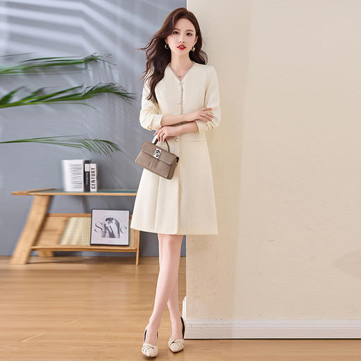 HR-LSNY2555春季新款长袖收腰气质时尚小香风中长款单排扣显瘦通勤连衣裙 商品图2