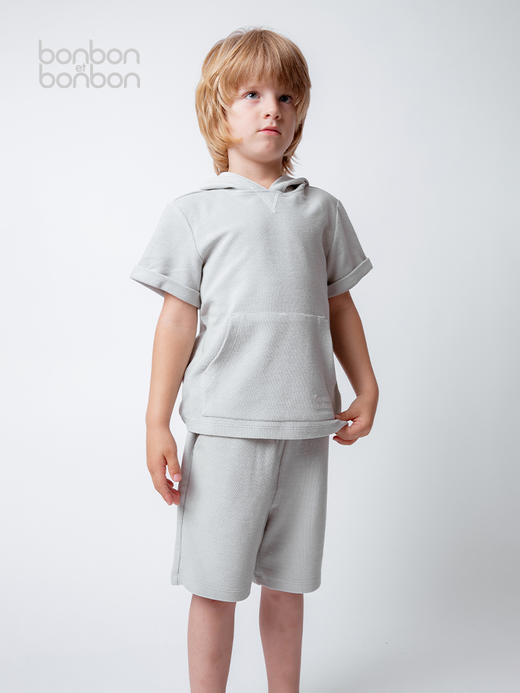 毛巾肌理连帽上衣短裤套装 商品图0