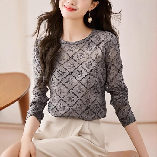 SMZ34269时尚印花网纱长袖T恤女士春季新款高级感百搭显瘦打底衫洋气上衣 商品图0
