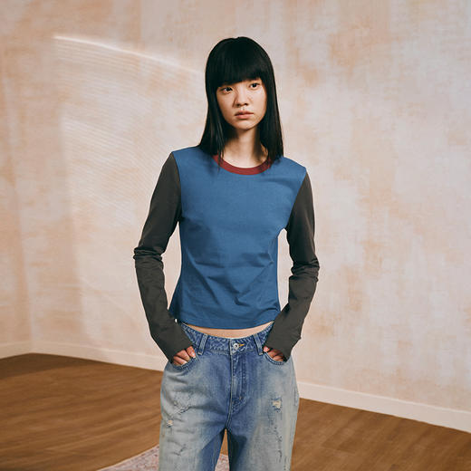 NUTH拼色正肩纯棉薄款长袖针织T恤上衣女 红灰拼色/蓝灰拼色 商品图1