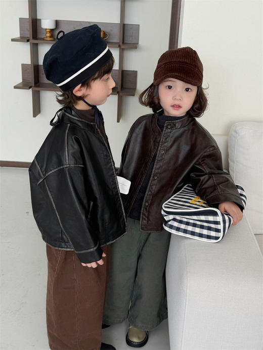 【复古感十足的皮衣~】2025儿童春季新款 擦色皮衣外套 男女宝宝森系夹克机车服-QQ 商品图2
