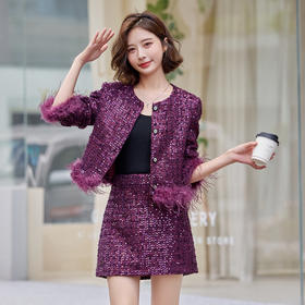 HR-YJLY1329财阀千金系列2025新款早春miu系重工亮片两件套鸵鸟毛套装