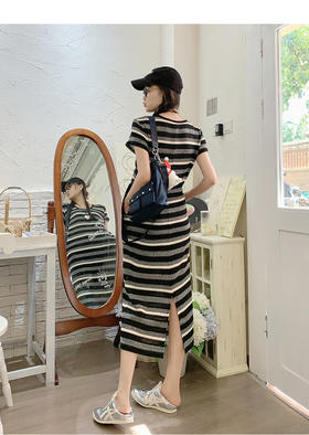 美洋同款【奥利奥针织裙】 三色条纹*针织提花短袖直筒裙