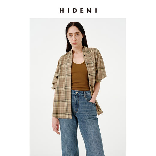 HIDEMI饼干色色织格纹小立领圆领廓形宽松衬衫 商品图5