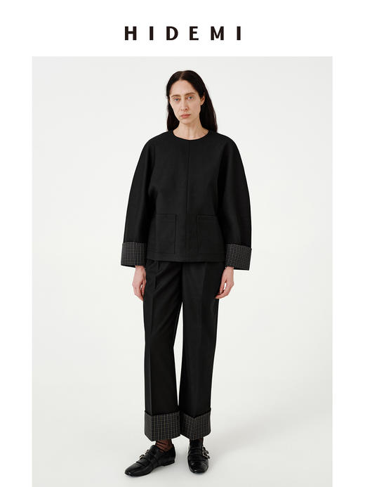 HIDEMI 黑色极简设计圆领翻边袖口拼接廓形大口袋休闲上衣套装 上衣/格纹卷边西裤 商品图0