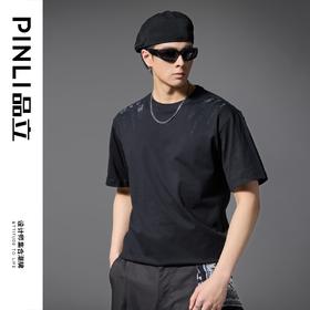 PINLI品立2025春夏新款男士圆领抓痕烫钻短袖T恤潮牌百搭半袖上衣BG252111010