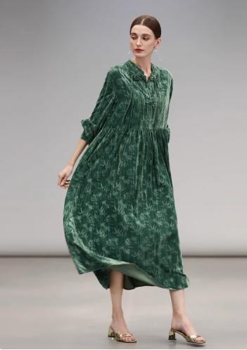 【限时秒杀】COCOBELLA竹叶拓印国风丝绒连衣裙手缝盘扣压褶衬衫裙FR0002 商品图1