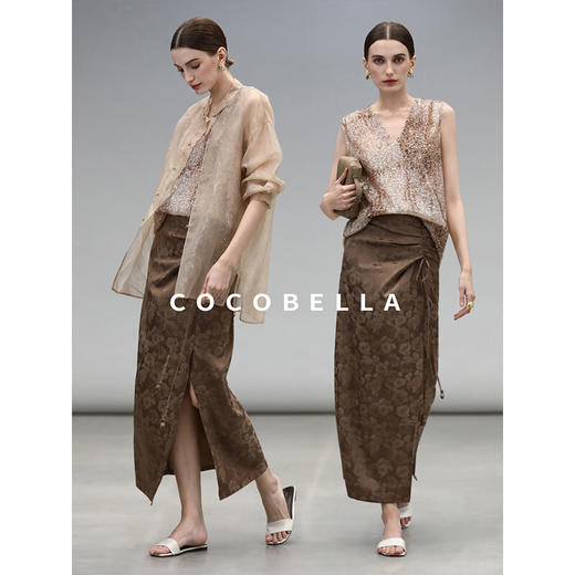 COCOBELLA奢感新国风暗纹提花丝光缎面垂坠丝滑半身裙HS7047 商品图2