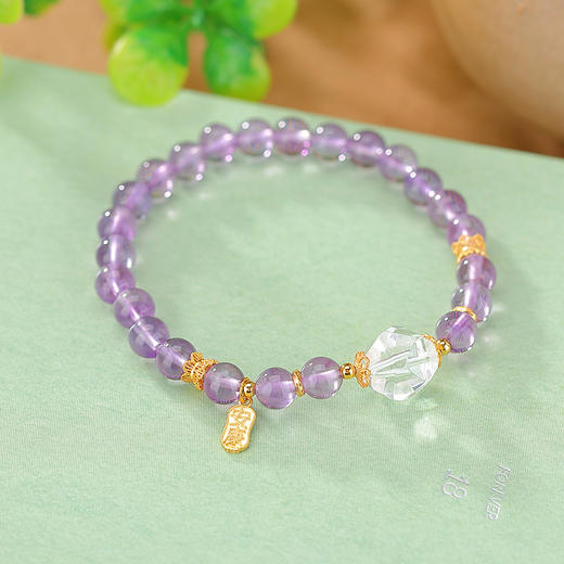 【喜乐安康】S925银镀金紫水晶白水晶福牌圆珠手链【CW-SL11732-8】 商品图2