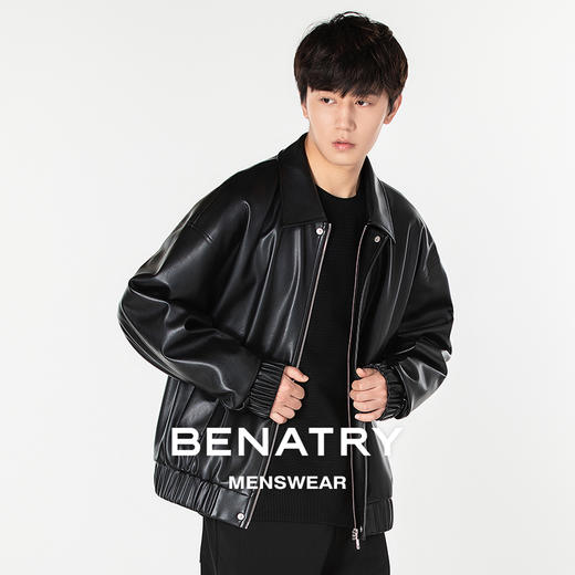 贝纳川翻领落肩袖男士休闲皮衣夹克外套ECP306001 商品图0