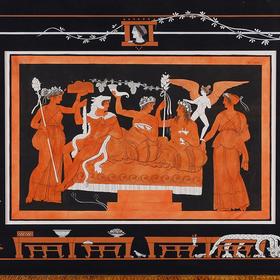 独角鹿西洋古董 19世纪法国艺术史学家皮埃尔·弗朗索瓦·休格斯创作古典神话主题水彩蚀刻版画《盛宴之景》