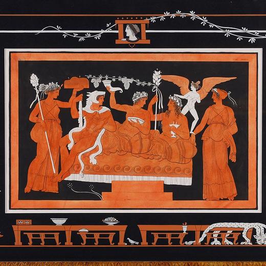 独角鹿西洋古董 19世纪法国艺术史学家皮埃尔·弗朗索瓦·休格斯创作古典神话主题水彩蚀刻版画《盛宴之景》 商品图0