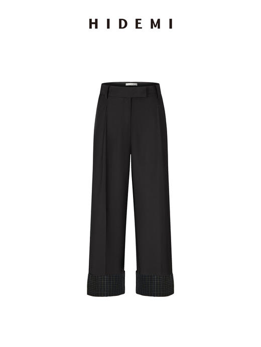 HIDEMI 黑色极简设计圆领翻边袖口拼接廓形大口袋休闲上衣套装 上衣/格纹卷边西裤 商品图7