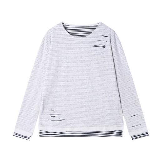 SD14春夏新款时尚个性美式休闲宽松假两件破洞贵气条纹短宽长袖T恤 商品图1