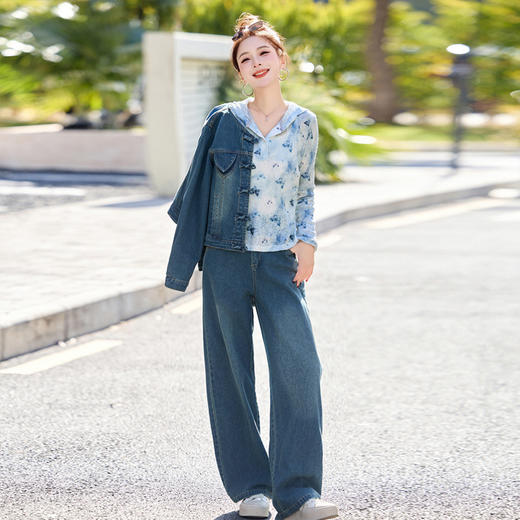 HR-XPH9189时尚复古休闲牛仔套装2025春新款女连帽衬衫牛仔外套直筒裤三件套 商品图3
