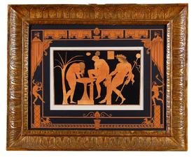 独角鹿西洋古董 18世纪德国画家约翰·海因里希·威廉·蒂施贝创作古典神话主题水彩蚀刻版画《两位女子在萨堤尔注视下沐浴》