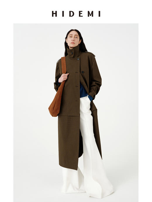 HIDEMI【孟子义同款】复古色织格纹廓形设计感可拆卸下摆长款风衣 商品图4