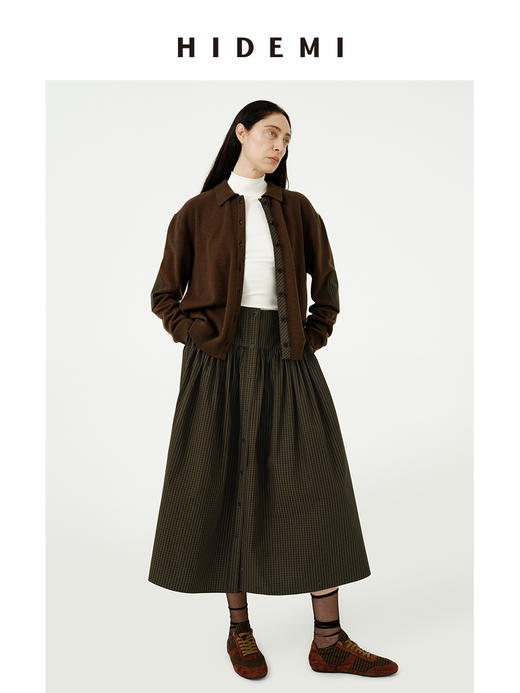 HIDEMI 进口色织格纹纽扣设计感褶皱半身长裙半身裙 商品图6