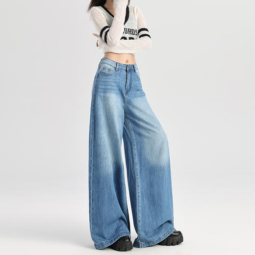 罗蒙春季女式牛仔裤女宽松显瘦休闲舒适百搭阔腿裤棉混纺水洗女长裤 商品图3