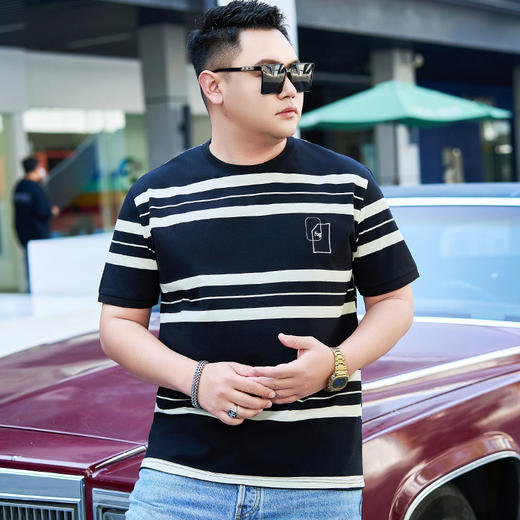 【纯棉】【DYG】大依优型大码男装短袖条纹t恤衫薄款宽松条纹男弹力短袖T恤胖子上衣 商品图2