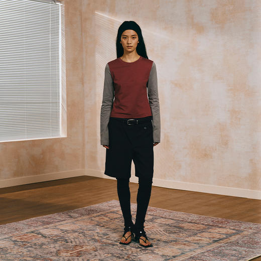 NUTH拼色正肩纯棉薄款长袖针织T恤上衣女 红灰拼色/蓝灰拼色 商品图2