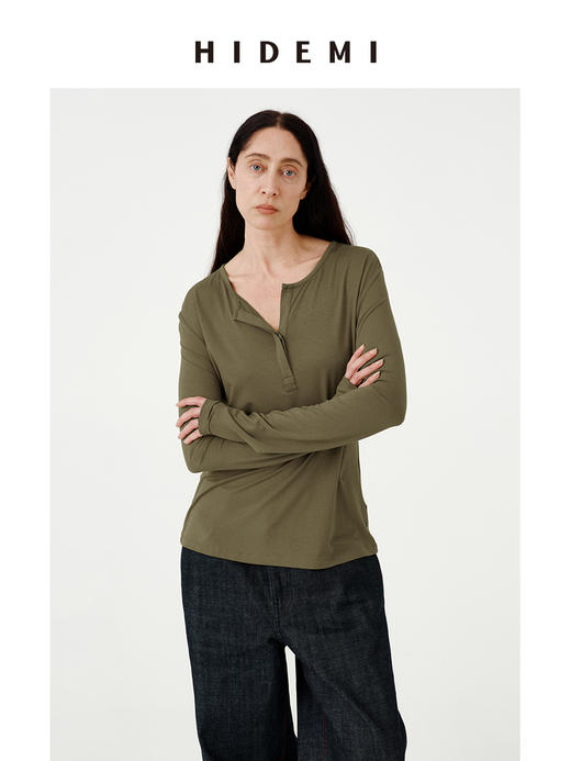 HIDEMI极简超柔软弹力圆领纽扣亨利领廓形长袖针织T恤 商品图6